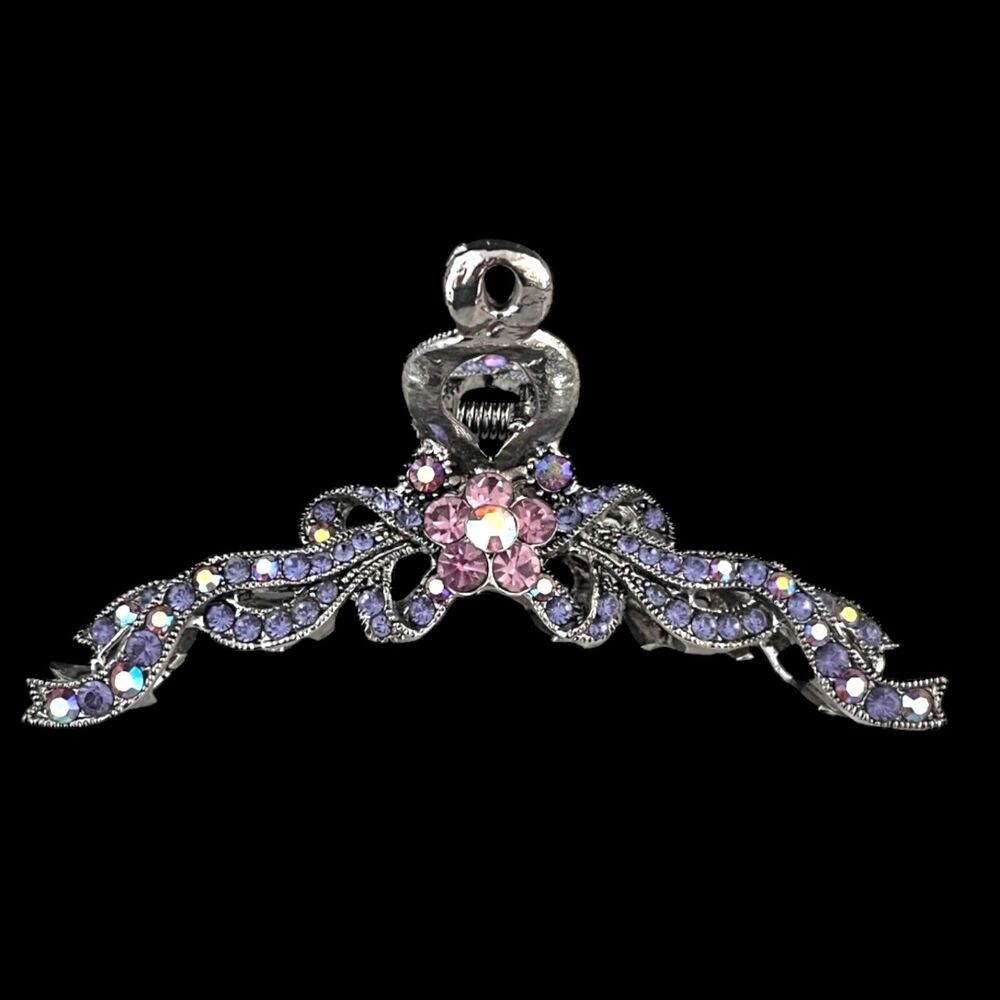Vintage 1980s Hair Clip Silver Tone Purple Pink Crystal Statement Barrette - 11Q